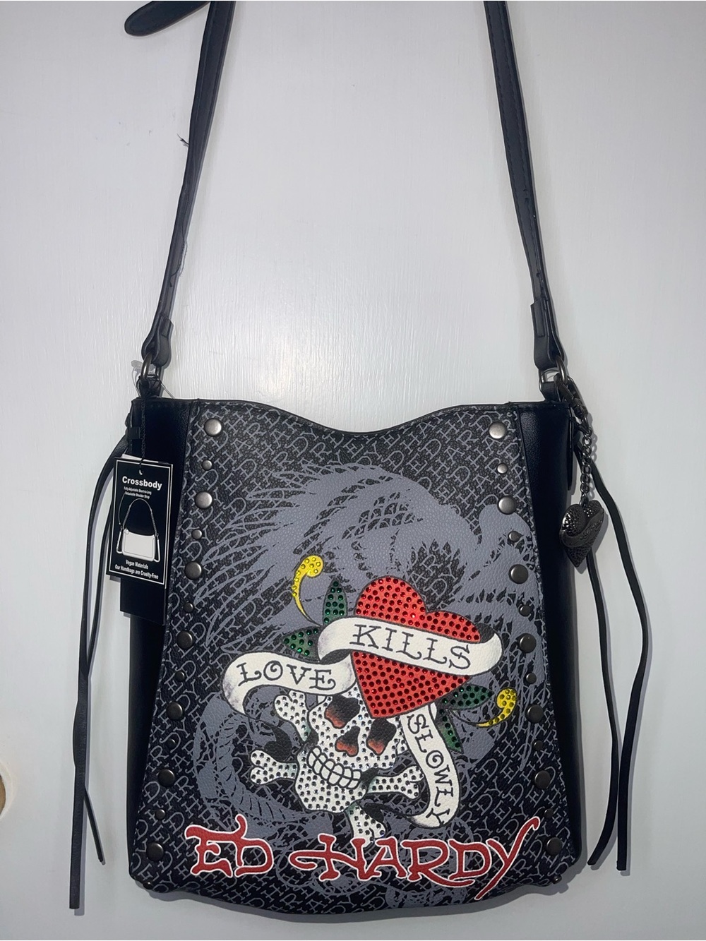 NWT Ed Hardy Black Crossbody with Red Heart & Graphic Skull